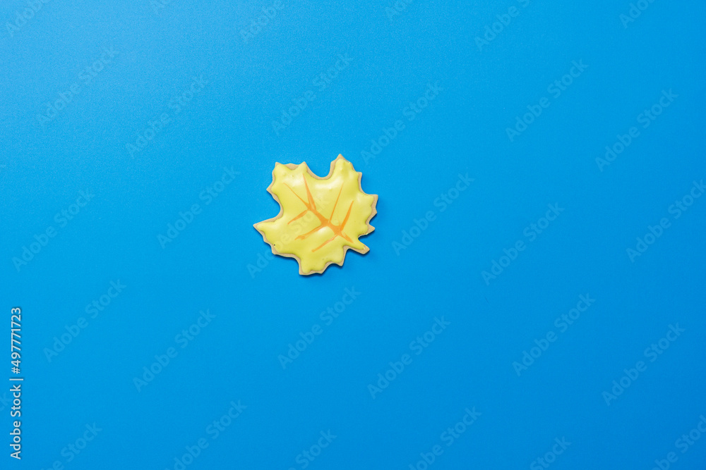 Sweet homemade leaf cookie with icing isolated on dark blue background minimal flat lay composition. Sweet homemade leaf cookie with icing isolated on dark blue background minimal flat lay composition.