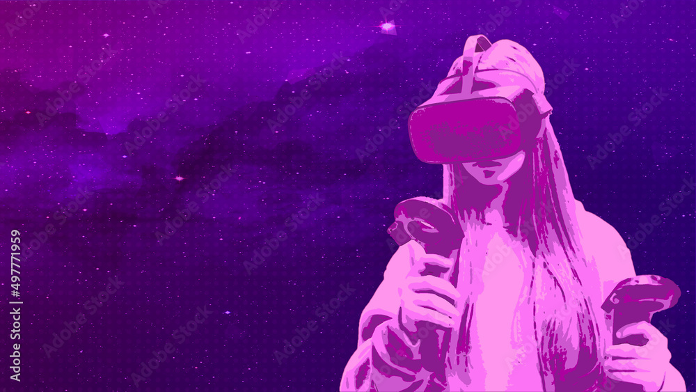 Naklejka premium Girl using virtual reality simulator VR goggles virtual reality web 3 or metaverse metaphor. Horizontal banner with copy space, place for text or text area 