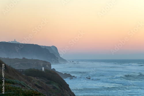 Sunset on the Atlantic ocean coast in Portugal, Europe