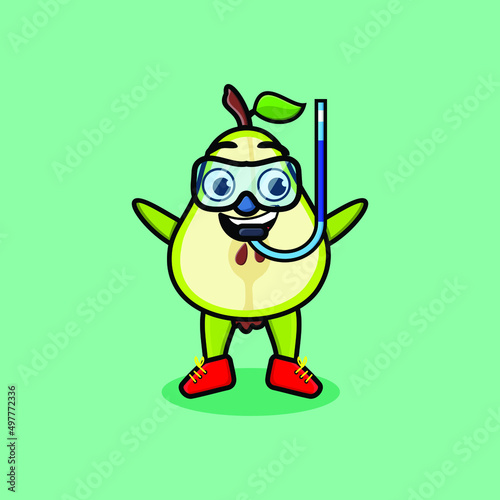 Cute cartoon pear fruit diver with swimming glass in 3d modern style design