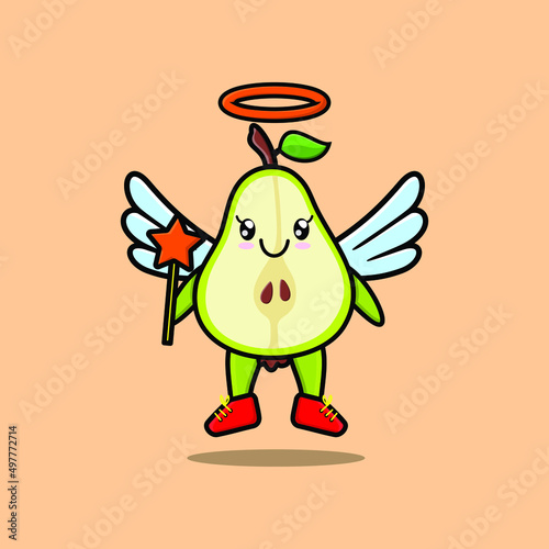 Cute Cartoon pear fruit character in the form of fairy in 3d cartoon style concept