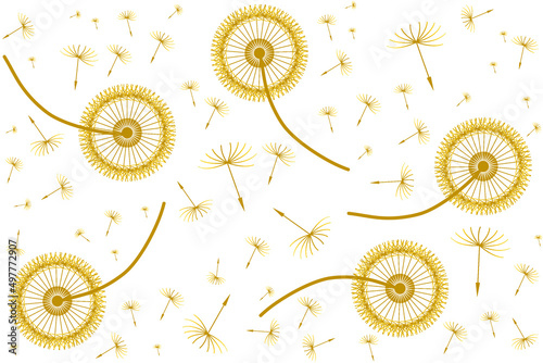 Seamless pattern with dandelions. Yellow flower heads, flying dandelion seeds. Spring. Summer.