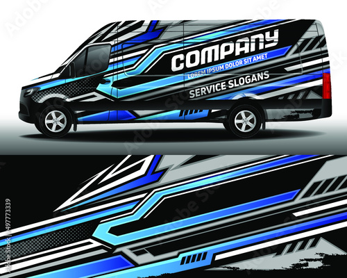 Vector design of delivery van. Car sticker. Car design development for the company. Blue and gray stripes on black background for car vinyl decal
