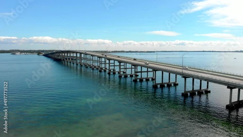 Key Biscayne bridge in Miami, Florida drone shot. 