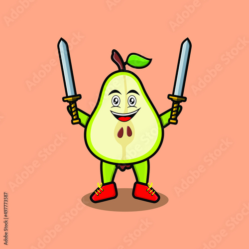 Cute cartoon Pear fruit character holding two sword in 3d modern design 
