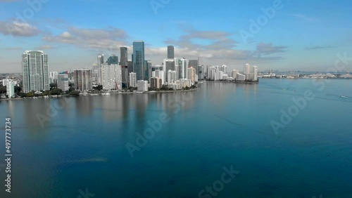 Miami, Florida drone shot from Key Biscayne bridge facing Brickell. 