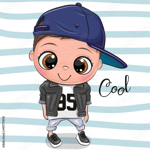 Cartoon boy with a blue cap on a stripes background