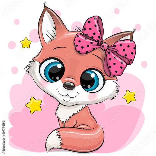 Cartoon Fox with bow on a pink background