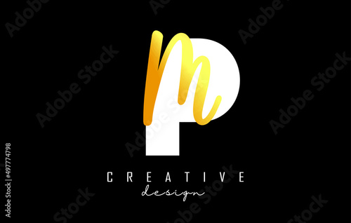 Golden Letters PM Logo with a minimalist design. Letters P and M with geometric and handwritten typography.