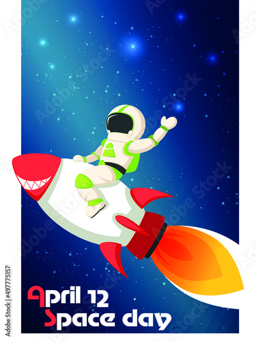 A postcard for the Cosmonautics Day. Vector illustration of an astronaut sitting astride a rocket and waving his hand
