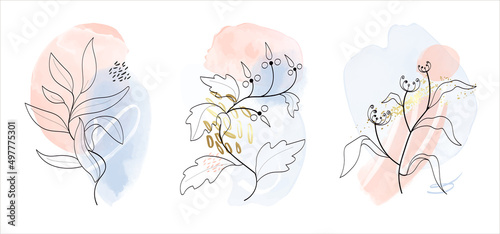 Abstract Watercolor Composition Background. Set of soft color painting wall art for house decoration or invitations. Minimalistic background design. Vector wall art plants in minimalist style.