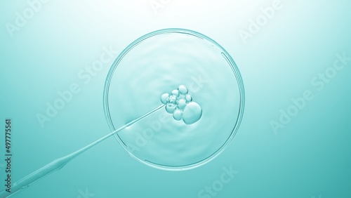 Top view shot of air bubbles coming out from lab dropper and floating on the surface of clear fluid in petri dish on pale blue background | Abstract body care ingredients mixing concept