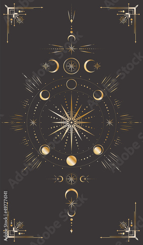 Photo Vector celestial background with ornate outline star, moon phases, dotted radial circles, crescents, beams and frame with arrows