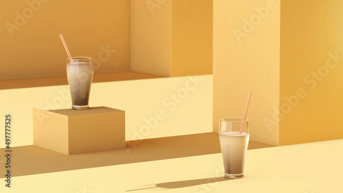 Two frappes in glasses on abstract yellow background, 3d illustration photo