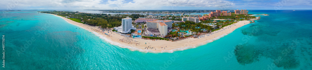Paradise Island panoramic aerial view including Paradise Beach and The Cove Reef Hotels at Atlantis Resort on Paradise Island, Bahamas.