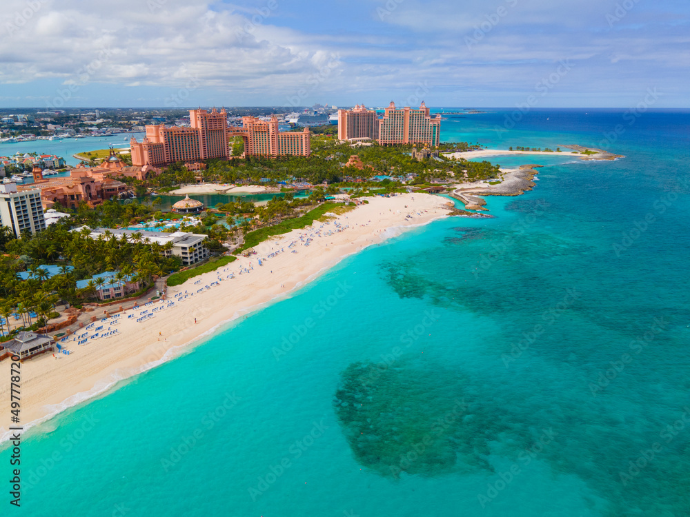 Paradise Beach aerial view and The Cove Reef Hotel at Atlantis Resort on Paradise Island, Bahamas.