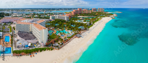 Paradise Island panoramic aerial view including Paradise Beach and The Cove Reef Hotels at Atlantis Resort on Paradise Island, Bahamas. photo