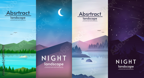 Set of abstract vector landscapes flyers. Night, day, evening and morning. Design for flyer, wallpaper, banner, greeting, touristic or busyness card. 