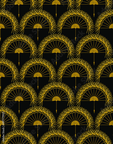 Seamless pattern with gold dandelions on black background. Dandelion flower gold hand fan with fluff. Vintage Art Deco luxury vector illustration