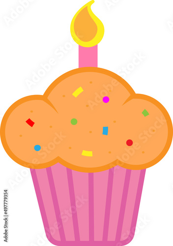 Pink muffin with candle and birthday sprinkles