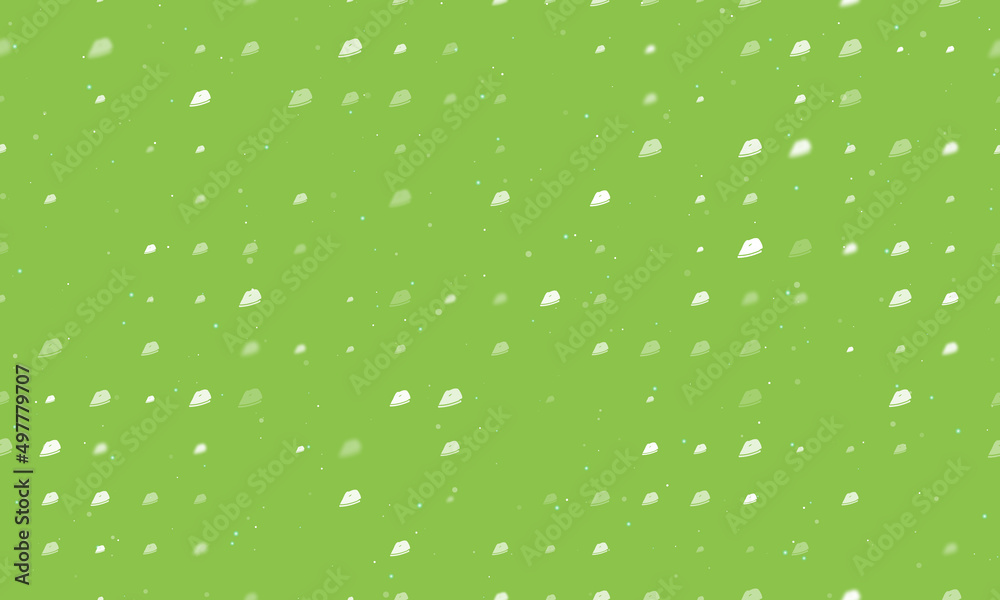 Seamless background pattern of evenly spaced white iron symbols of different sizes and opacity. Vector illustration on light green background with stars
