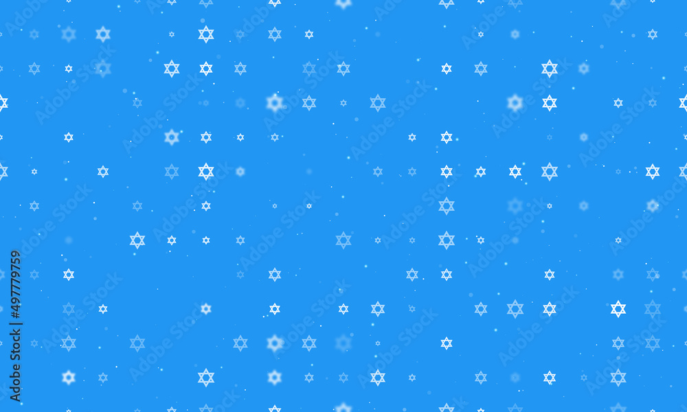 Seamless background pattern of evenly spaced white star of David symbols of different sizes and opacity. Vector illustration on blue background with stars