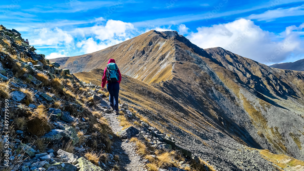 Woman on panoramic hiking trail from Seckauer Zinken leading to Haemmerkogel in the Lower Tauern mountain range, Styria, Austria, Europe. Sunny autumn day in the Seckau Alps. Path on dry, bare terrain