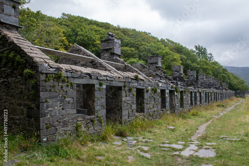 Anglesey Barracks: abandoned old miner's cottages of Dinorwic Quarry. Part of the Vivian Trail at Llanberis in Snowdonia National Park, north Wales