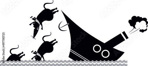 Rats desert a sinking ship.
Cartoon rats in panic desert a sinking ship black on white background
