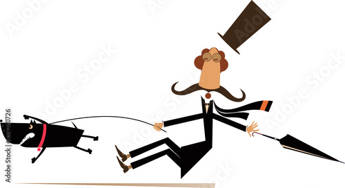 Funny long mustache and disobedient dog illustration. Cartoon long mustache man in the top tries to stop an angry dog isolated on white background