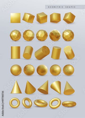 Big set of 3d gold geometry. Vector realistic render square, ball, pyramid, polyhedron, cylinder, circle yellow metallic objects, minimalist simple different angles shapes, standard primitives.