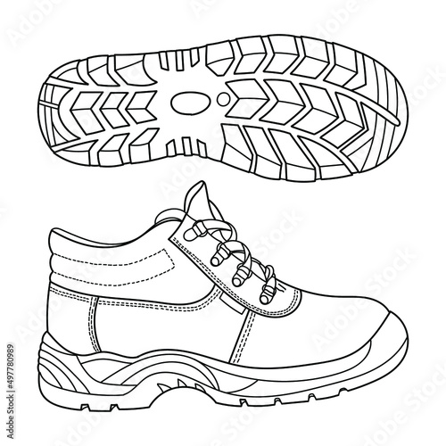 Safety boots sole side. Personal protective equipment. Vector doodle illustration.