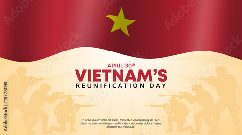 Vietnam reunification day background with flag and soldiers