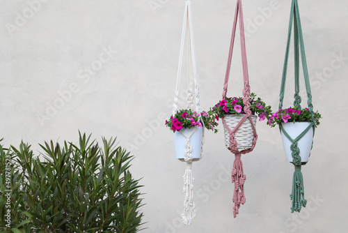 three plant hangers with spring flowers in different colors