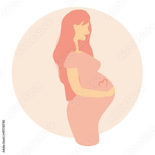 Happy pregnant woman holding her belly. Health, care, pregnancy planning. prenatal development. Flat cartoon isolated.