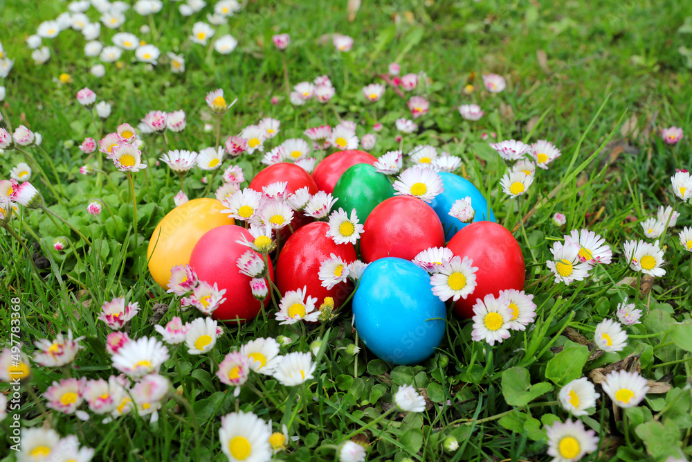 Close up of colored easter egg placed on green grass and colorful spring flowers. Colored eggs is an old Easter tradition that was developed on Romanian soil with great craftsmanship.