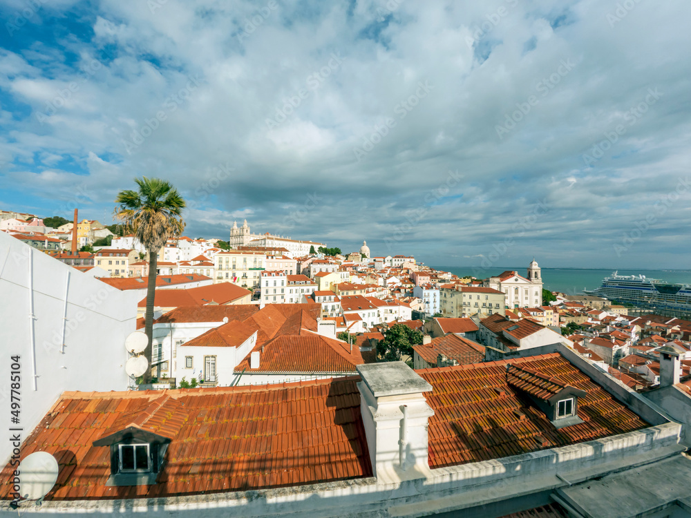 Panoramic view of the Lisbon skyline from the Miradouro , a scenic viewpoint with beautiful landscape of Lisbon, Portugal
