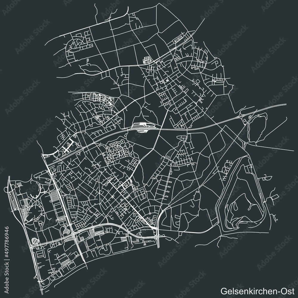 Detailed negative navigation white lines urban street roads map of the GELSENKIRCHEN-OST DISTRICT of the German regional capital city of Gelsenkirchen, Germany on dark gray background