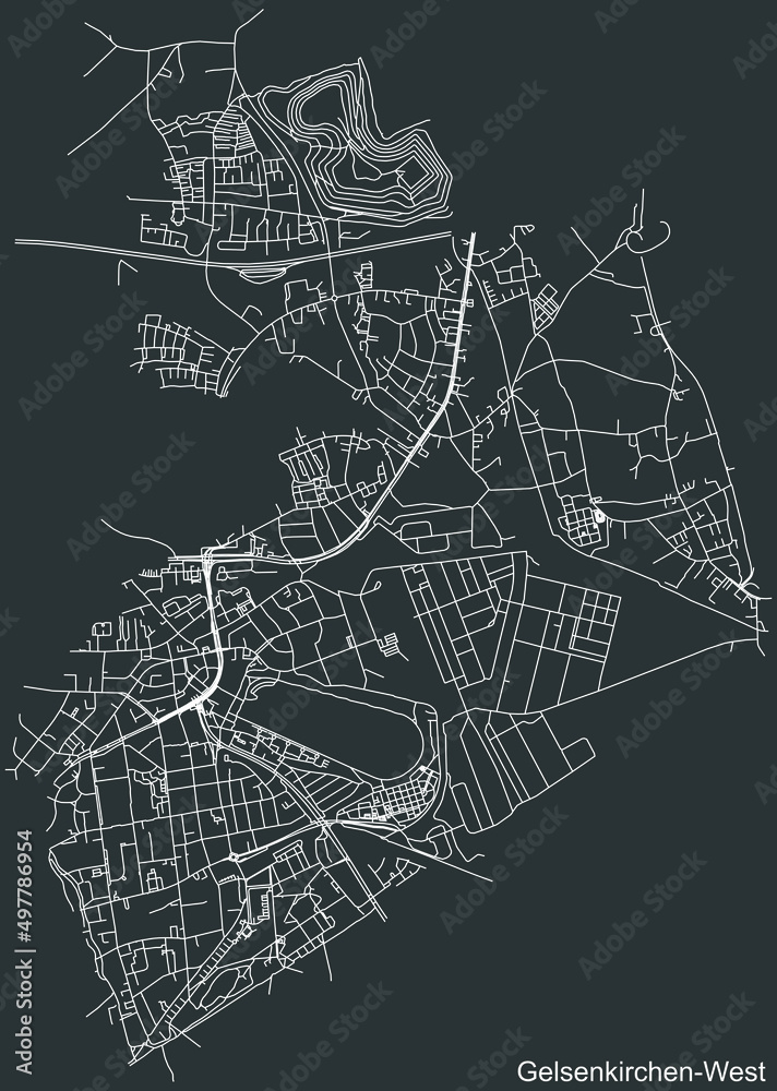Detailed negative navigation white lines urban street roads map of the GELSENKIRCHEN-WEST DISTRICT of the German regional capital city of Gelsenkirchen, Germany on dark gray background