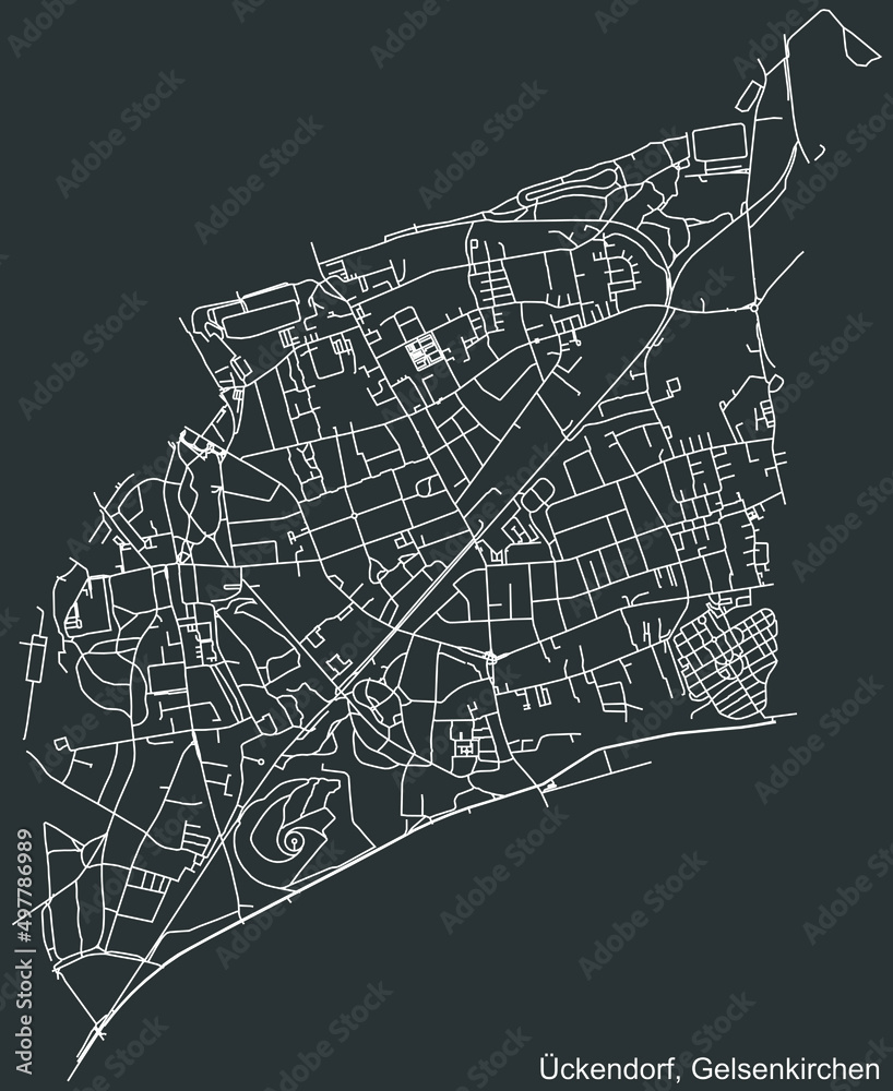 Detailed negative navigation white lines urban street roads map of the ÜCKENDORF DISTRICT of the German regional capital city of Gelsenkirchen, Germany on dark gray background