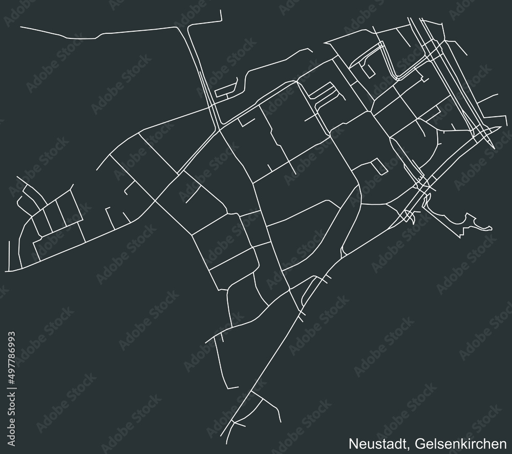 Detailed negative navigation white lines urban street roads map of the NEUSTADT DISTRICT of the German regional capital city of Gelsenkirchen, Germany on dark gray background