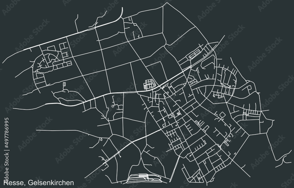 Detailed negative navigation white lines urban street roads map of the RESSE DISTRICT of the German regional capital city of Gelsenkirchen, Germany on dark gray background