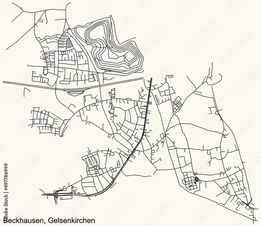 Fototapeta premium Detailed navigation black lines urban street roads map of the BECKHAUSEN DISTRICT of the German regional capital city of Gelsenkirchen, Germany on vintage beige background