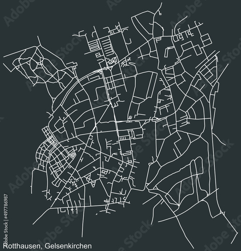 Detailed negative navigation white lines urban street roads map of the ROTTHAUSEN DISTRICT of the German regional capital city of Gelsenkirchen, Germany on dark gray background