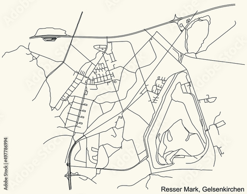 Detailed navigation black lines urban street roads map of the RESSER MARK DISTRICT of the German regional capital city of Gelsenkirchen, Germany on vintage beige background photo