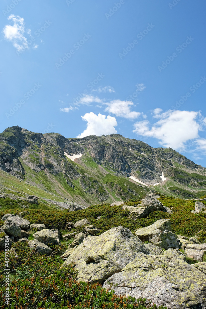 beautiful summer landscape with big mountains against blue cloudy sky, green natural background. trip, journey, hiking, adventure concept. Caucasus mountains, Karachay-Cherkess Republic. Arkhyz