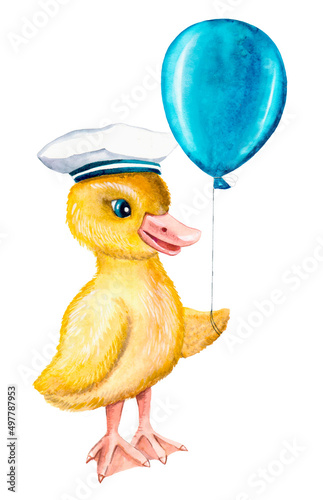 Watercolor cute duckling in sailor hat with blue baloon on white background. Poster for kids collektion, postcards, design, print, nursery decoration and greeting cards photo