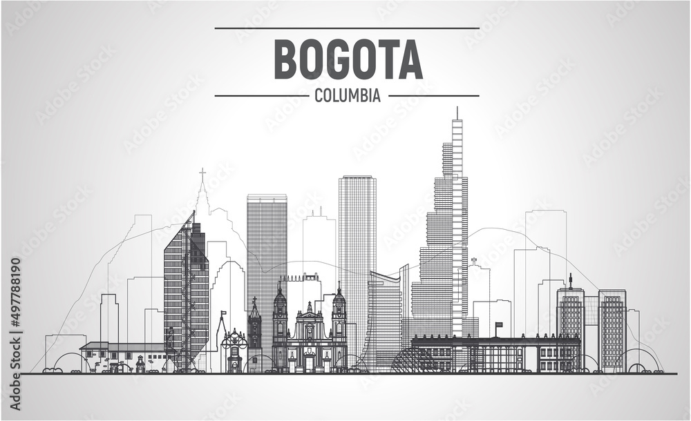 Bogota ( Columbia ) line skyline a white background. Stroke flat vector illustration. Business travel and tourism concept with modern buildings. Image for banner or web site.
