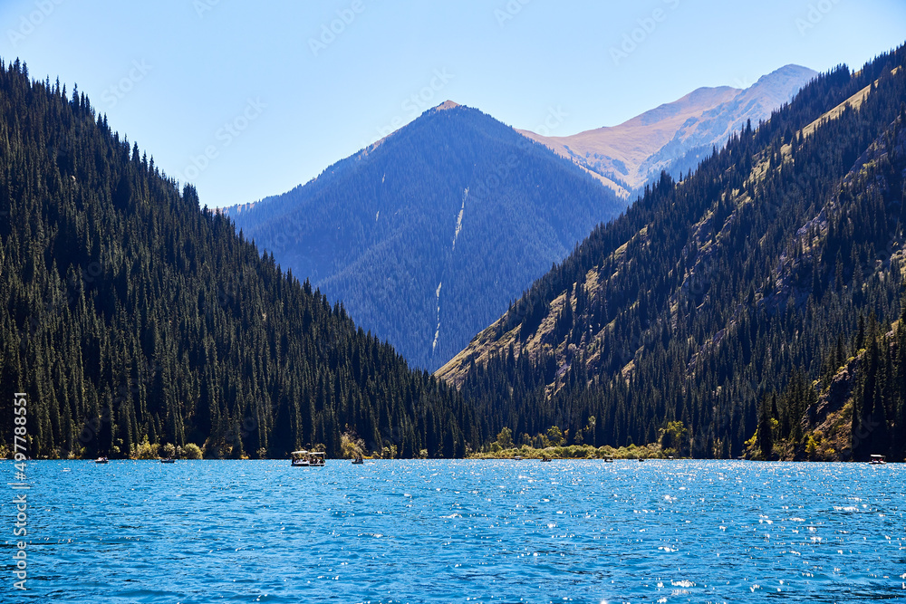 view of a mountain lake surrounded by forest