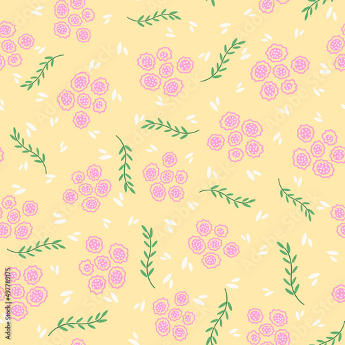 Flowers and leaf seamless pattern. Scandinavian style background. Vector illustration for fabric design, gift paper, baby clothes, textiles, cards.